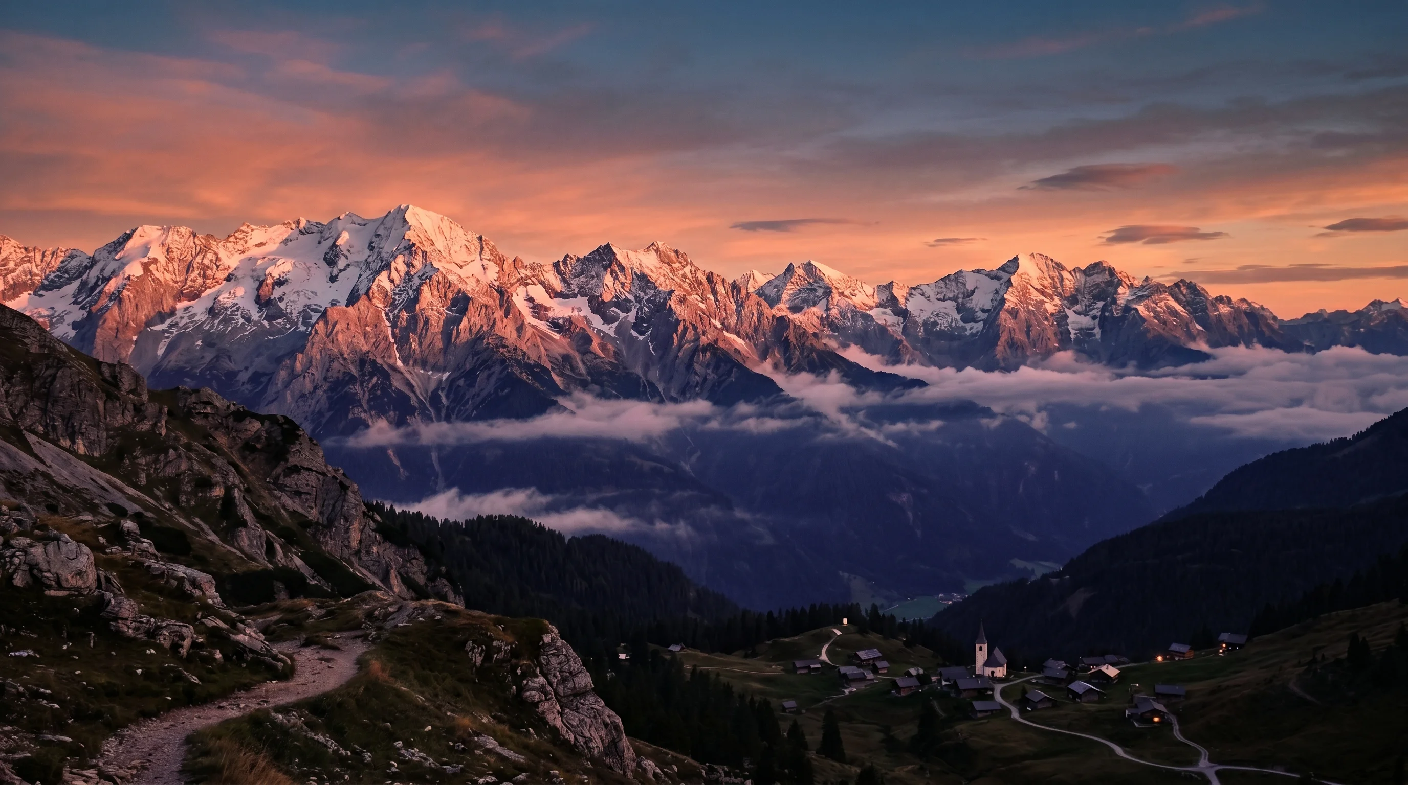 Austrian Tyrol Alps at golden hour alpenglow