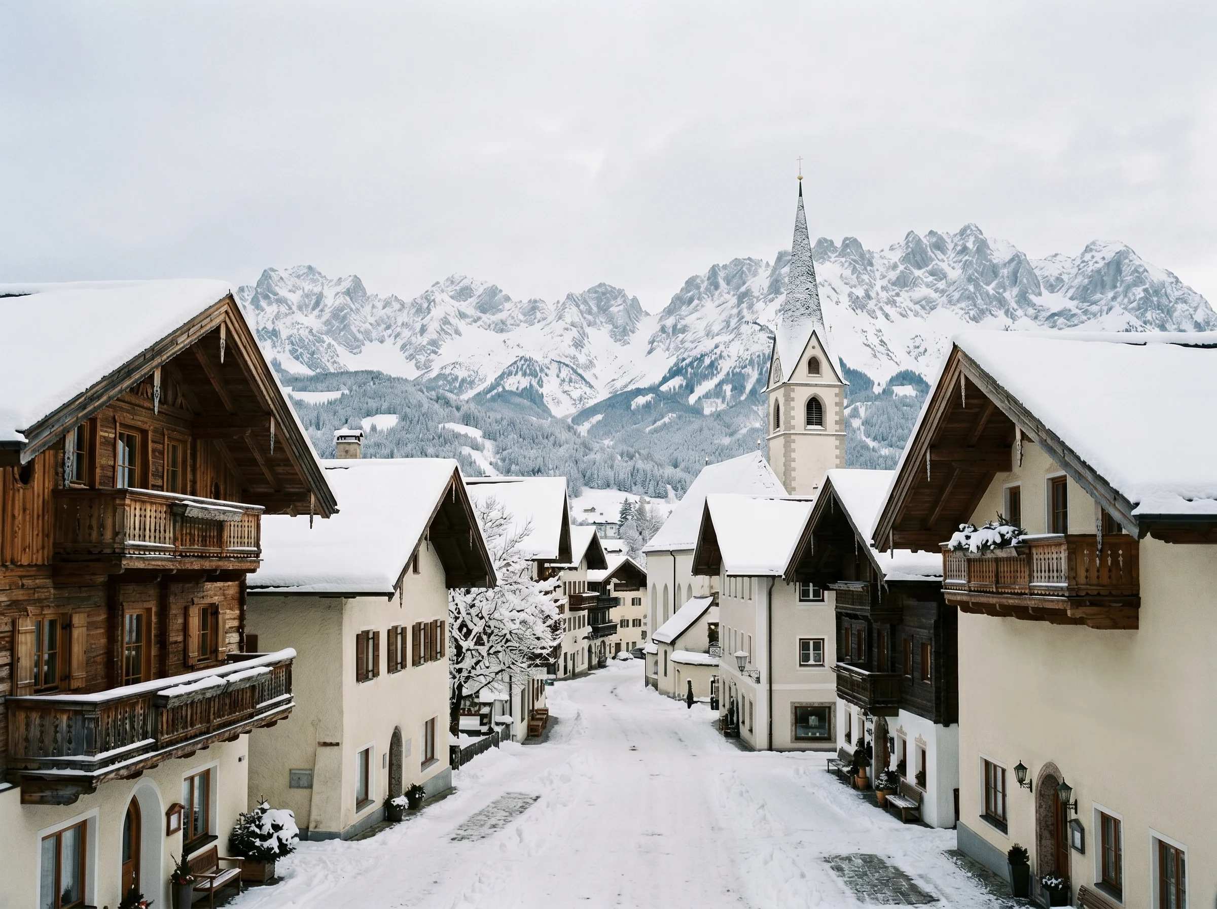Kitzbühel village in winter with wooden chalets and mountains