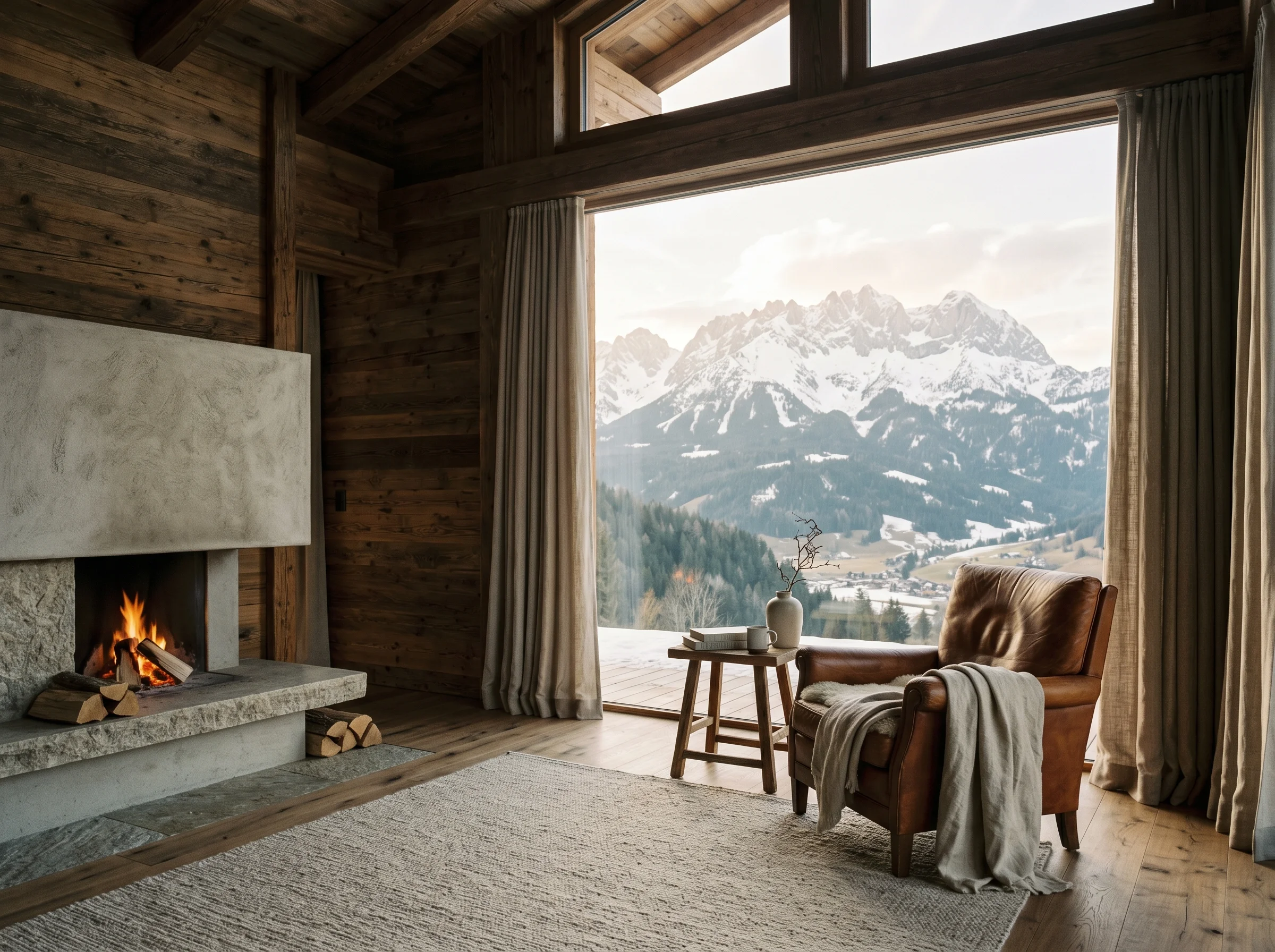 Traditional Tyrolean alpine chalet interior with mountain view
