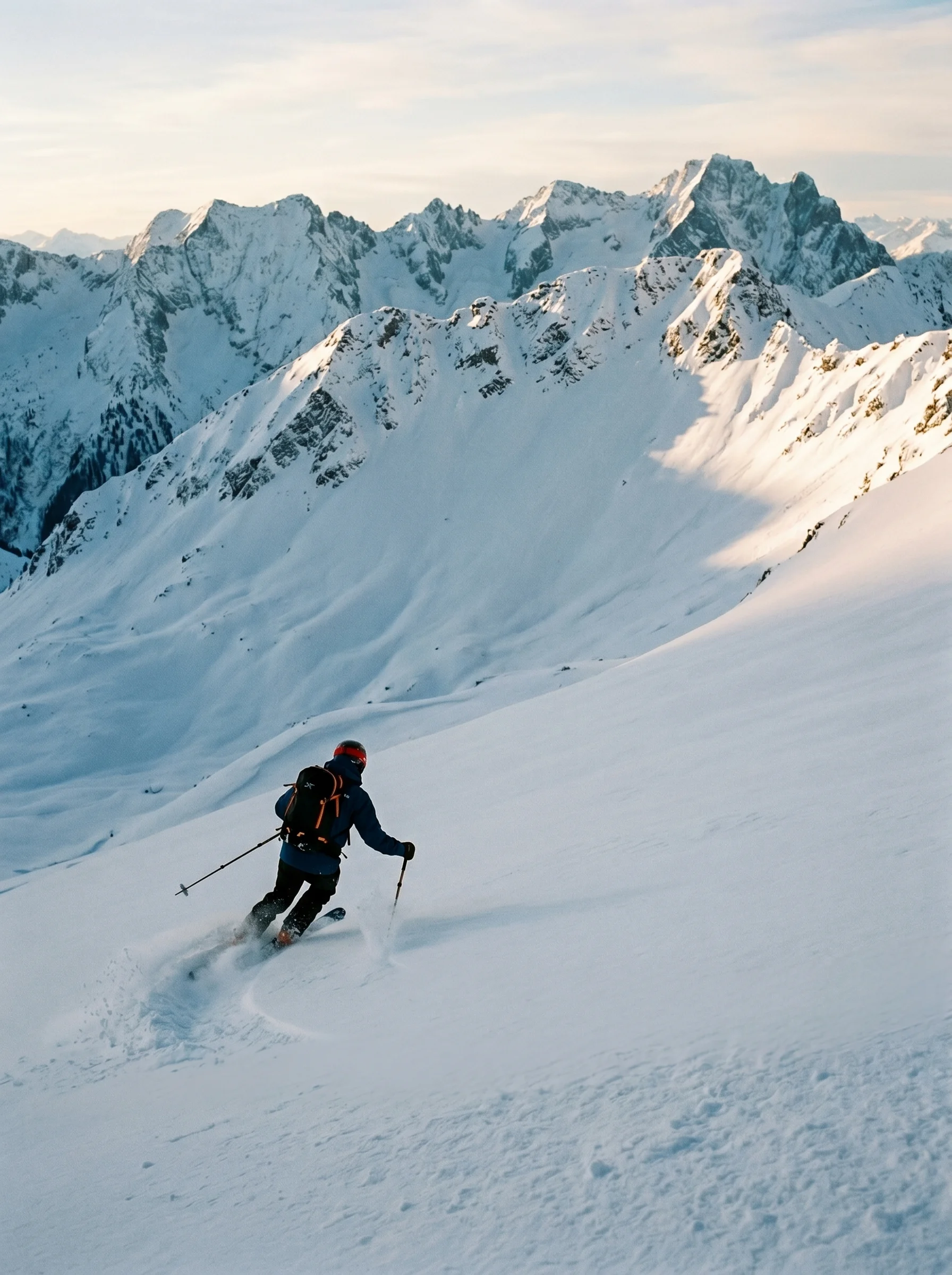 Skier on pristine alpine powder in Tyrol
