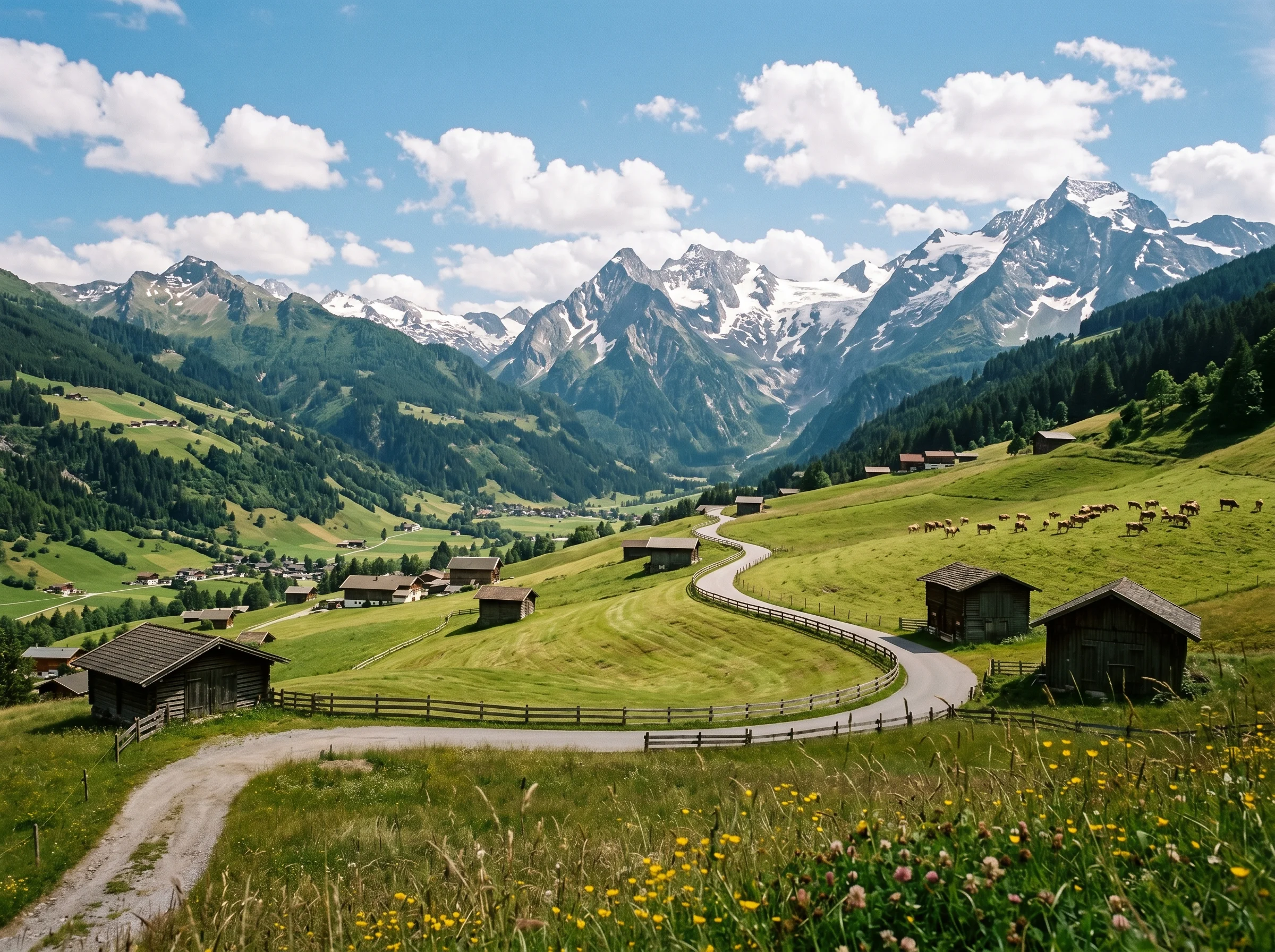Zillertal valley in summer with wooden hay barns and alpine peaks